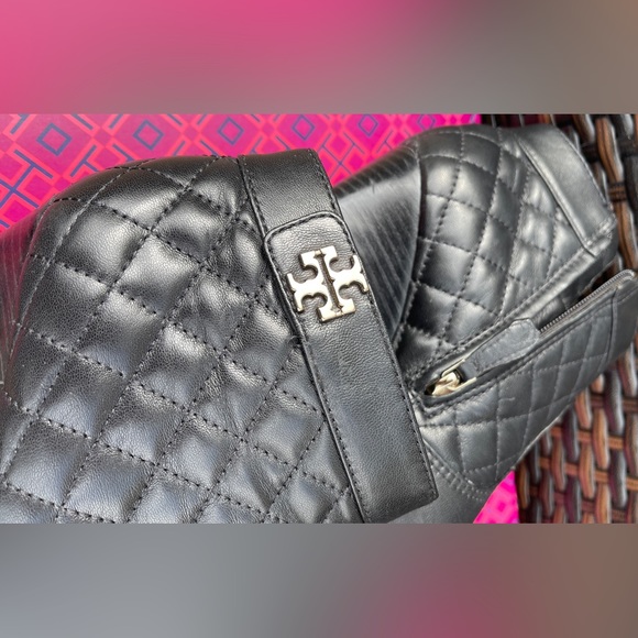 Tory Burch genuine leather in/out quilted booties golden logo 100mm wedge EUC - Picture 12 of 16